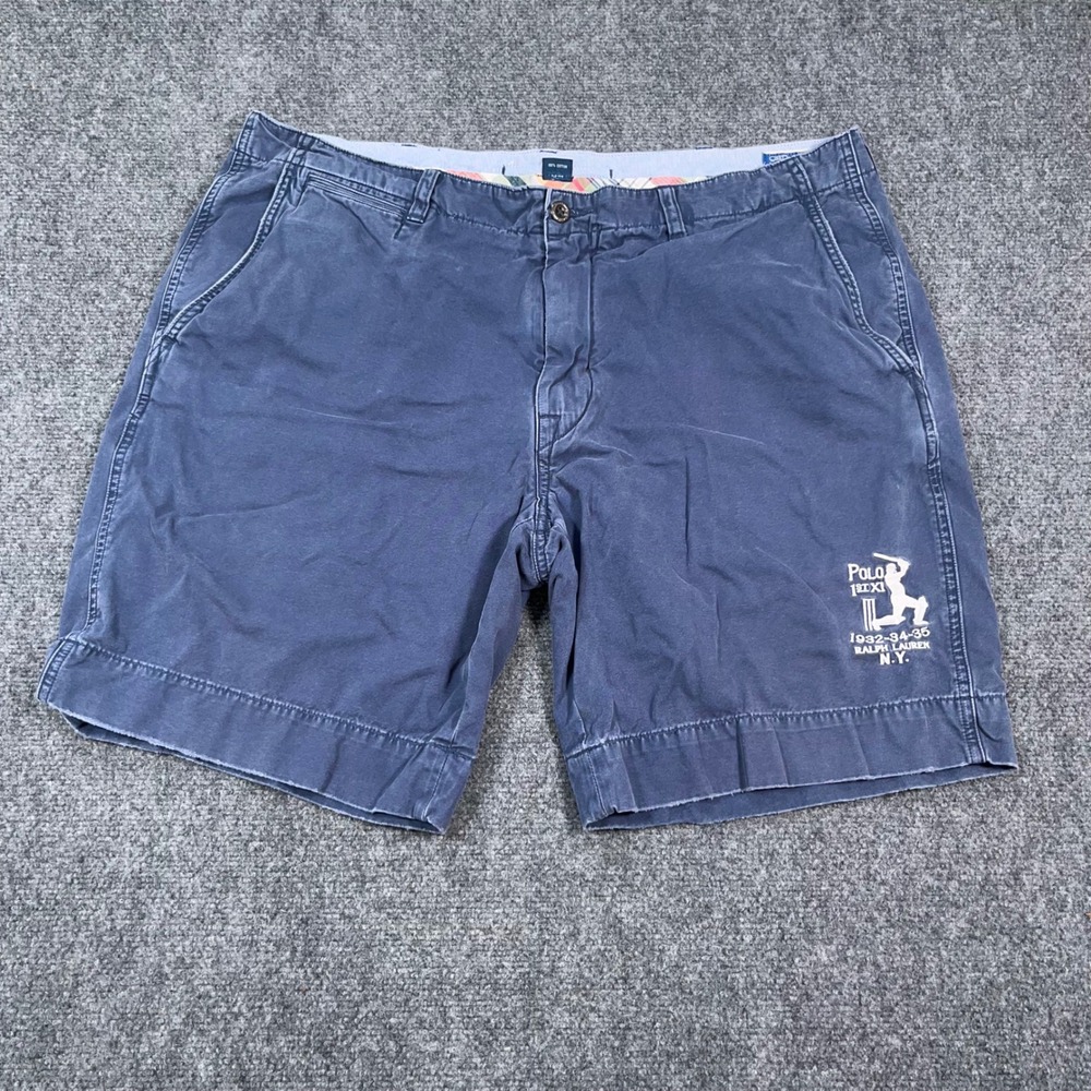 VTG Polo Ralph Lauren NY Cricket Graphic Chino Shorts Mens 40 Embroidered Blue‎